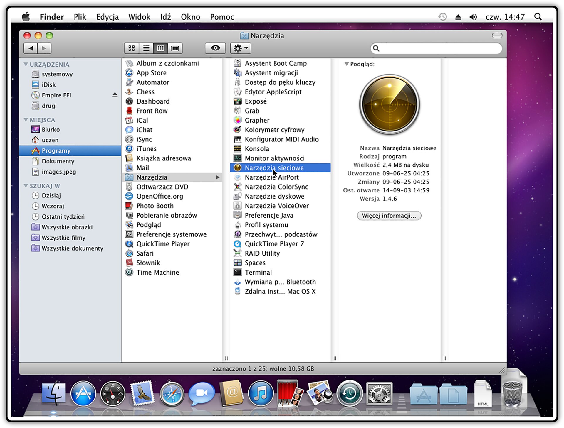 Zrzut okna programu Finder z podglądem narzędzi siecowych w systemie operacyjnym Mac OS X
