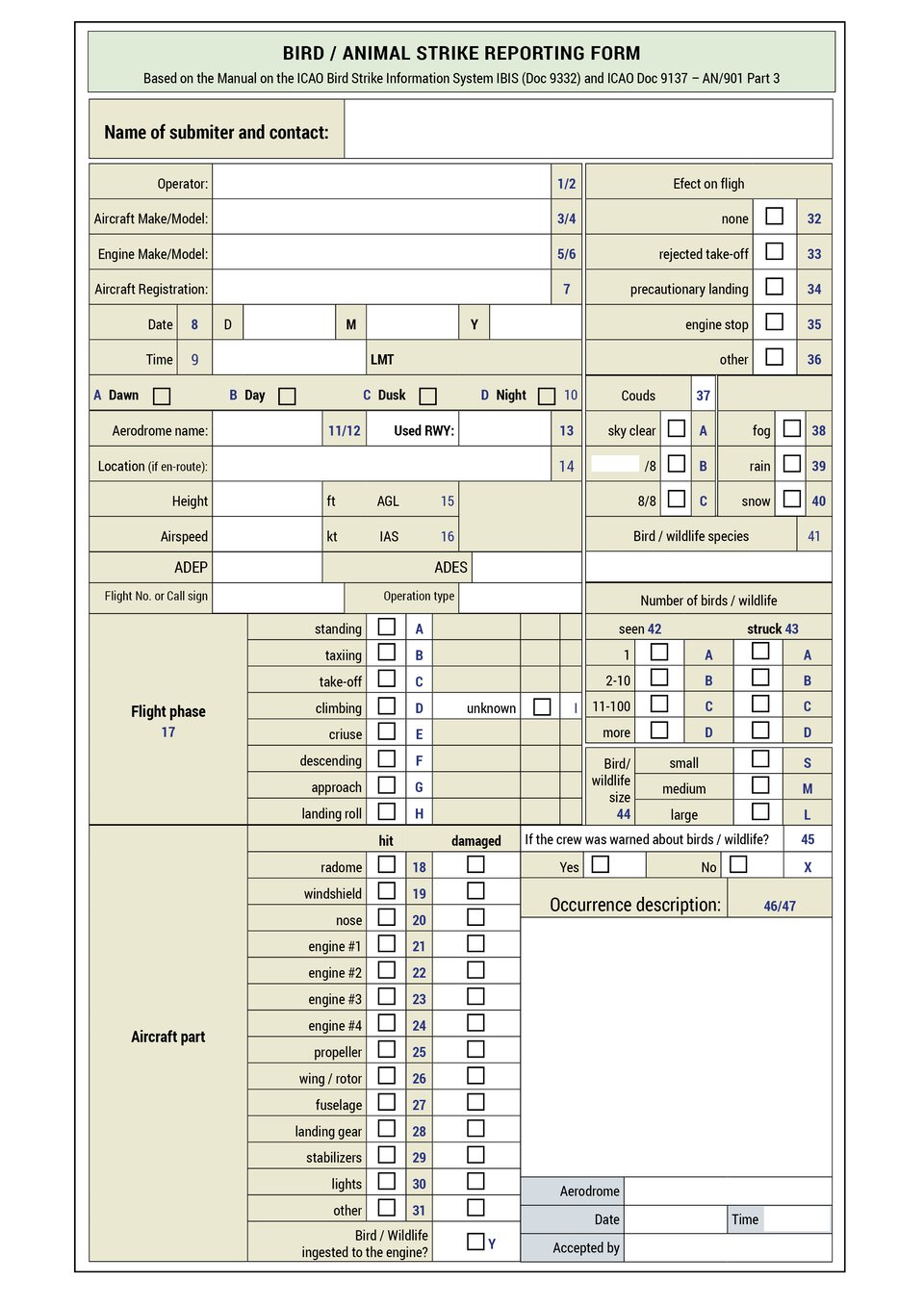 The document presents a bird or animal strike reporting form. Dokument przedstawia zgłoszenie zdarzenia lotniczego związanego z ptakami i zwierzętami.