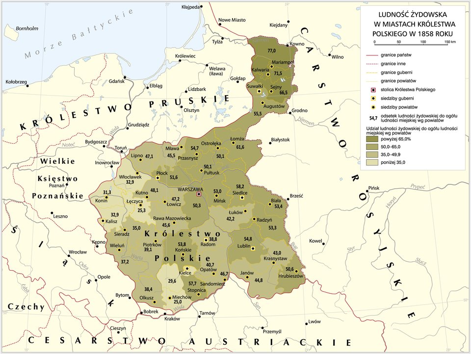 Ludność żydowska w miastach Królestwa Polskiego w 1858 roku Źródło: Krystian Chariza i zespół, Ludność żydowska w miastach Królestwa Polskiego w 1858 roku, licencja: CC BY 3.0.