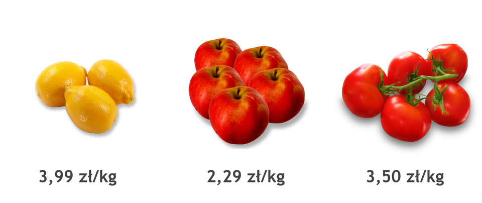 Rysunek cytryny, pomidora i jabłka z podanymi cenami. Cena cytryn 3,99 zł za kilogram. Cena pomidorów 3,50 zł za kilogram. Cena jabłek 2,29 zł za kilogram
