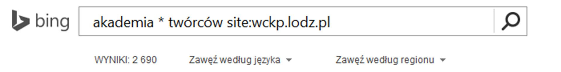 Zrzut paska wyszukiwarki Bing z wpisanym tekstem oraz Site
