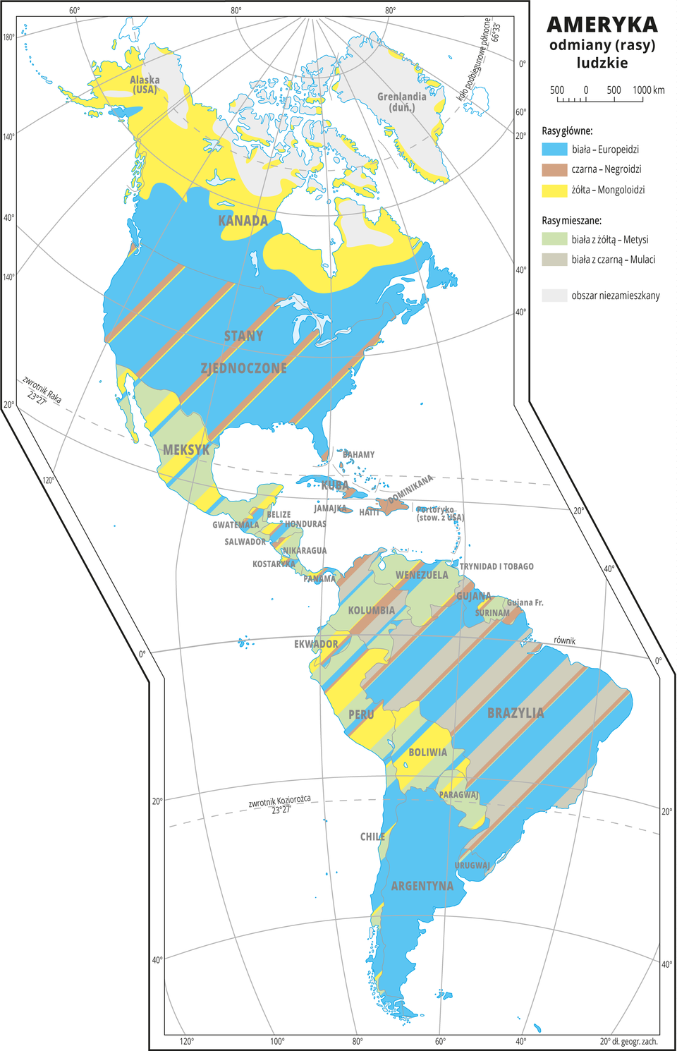 Ilustracja przedstawia mapę odmian ludzkich w Ameryce. Odmiany główne: biała – Europeidzi, żółta – Mongoloidzi, czarna – Negroidzi. odmiany mieszane: biała z żółtą – Metysi, biała z czarną – Mulaci. Najwięcej obszarów pokrywa kolor niebieski oznaczający odmianę białą, na północy Ameryki Północnej przeważa odmiana żółta a w Ameryce Środkowej – Metysi. Większość obszarów pokrywają kolorowe pasy oznaczające, że występuje tam ludność różnych odmian. Dookoła mapy w białej ramce opisano współrzędne geograficzne co dwadzieścia stopni. W legendzie umieszczono i opisano kolory użyte na mapie.