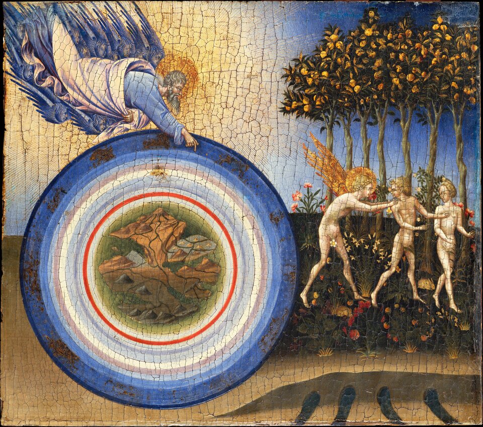 Stworzenie świata i wypędzenie z Raju Źródło: Giovanni di Paolo, Stworzenie świata i wypędzenie z Raju, 1445, tempera i złoto na desce, Metropolitan Museum of Art, Nowy Jork, domena publiczna.