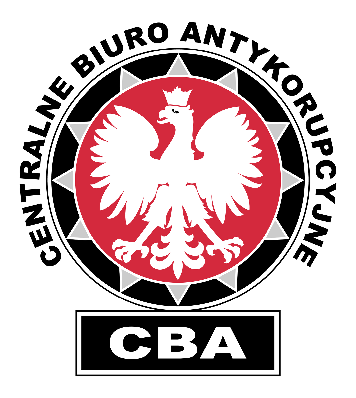 Ilustracja przedstawia okrągłe logo CBA. Koło z czarną ramką. Wnętrze koła czerwone. Na tle czerwonego koła biały orzeł z koroną na głowie. Głowa skierowana w lewo. Wokół czerwonego koła trójkątne srebrne wypustki. Wokół czarnej obwódki koła czarny napis: Centralne Biuro Antykorupcyjne. Poniżej koła czarny poziomy prostokąt. Na powierzchni prostokąta trzy białe litery: CBA.