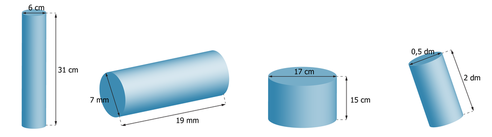 Rysunki czterech walców. Pierwszy walec ma wysokość równą 31 cm i średnicę podstawy 6 cm. Drugi walec ma wysokość równą 19 mm i średnicę podstawy 7 mm. Trzeci walec ma wysokość równą 15 cm i średnicę podstawy 17 cm. Czwarty walec ma wysokość równą 2 dm i średnicę podstawy 0,5 dm.