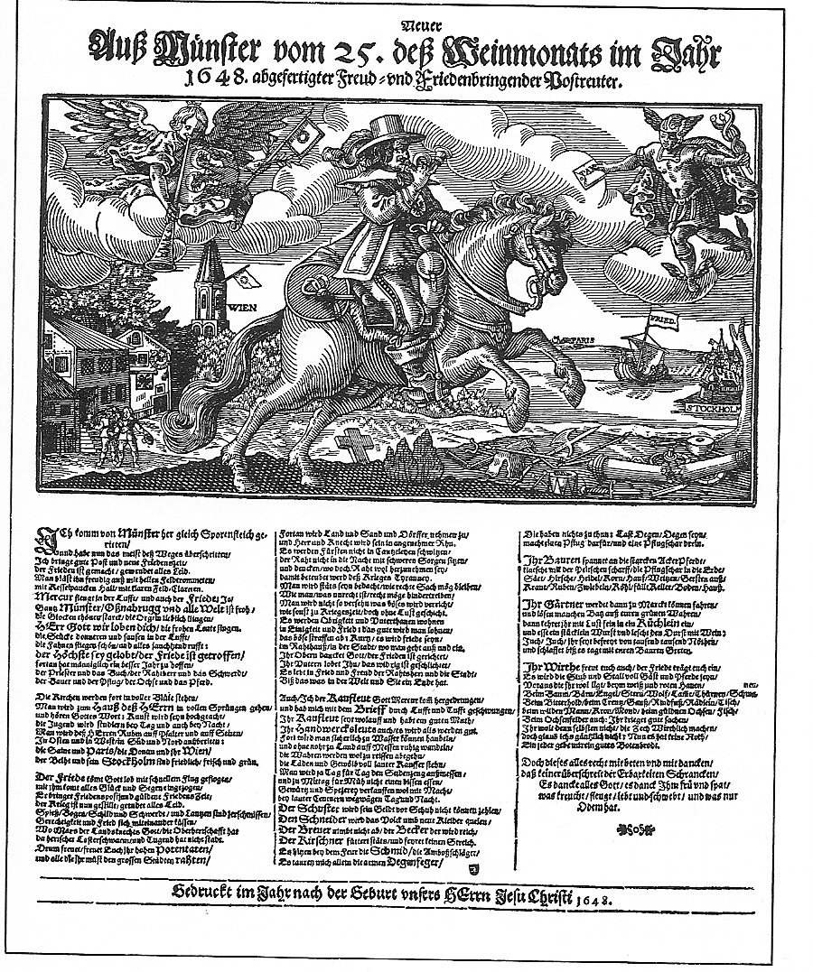 Pocztylion rozwożący wiadomość o zawarciu pokoju westfalskiego 1648 r. Jednostronne pismo ulotne przedstawia tzw. „pocztyliona", czyli osobę przewożącą konno, lub w późniejszym czasie, dyliżansem, listy i drobne przesyłki. Pocztylion oznajmiał swoje przybycie trąbką (stąd symbol trąbki na budynkach pocztowych). Na grafice widzimy również Merkurego trzymającego w ręku list z nadrukiem „Pax" (Pokój), a z drugiej strony anioła, dmącego w „trąbę anielską", również zaopatrzoną napisem „Pax". W oddali widać zarysy miast podpisanych jako Wiedeń i Sztokholm, a więc stolice głównych przeciwników. Pocztylion rozwożący wiadomość o zawarciu pokoju westfalskiego 1648 r. Jednostronne pismo ulotne przedstawia tzw. „pocztyliona", czyli osobę przewożącą konno, lub w późniejszym czasie, dyliżansem, listy i drobne przesyłki. Pocztylion oznajmiał swoje przybycie trąbką (stąd symbol trąbki na budynkach pocztowych). Na grafice widzimy również Merkurego trzymającego w ręku list z nadrukiem „Pax" (Pokój), a z drugiej strony anioła, dmącego w „trąbę anielską", również zaopatrzoną napisem „Pax". W oddali widać zarysy miast podpisanych jako Wiedeń i Sztokholm, a więc stolice głównych przeciwników. Źródło: 1648, domena publiczna.