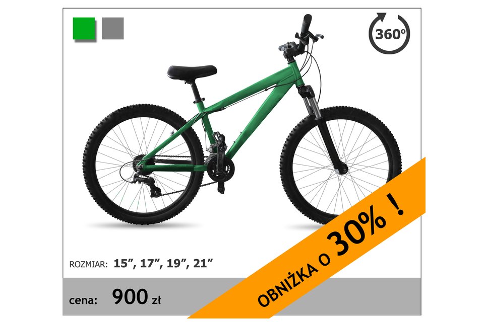 Rysunek roweru w cenie 900 zł, informacja o obniżce o 30%.