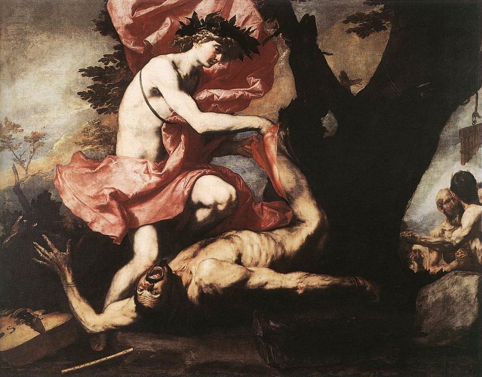 Apollo odzierający Marsjasza ze skóry Źródło: José de Ribera, Apollo odzierający Marsjasza ze skóry, 1967, olej na płótnie, Royal Museums of Fine Arts of Belgium, domena publiczna.