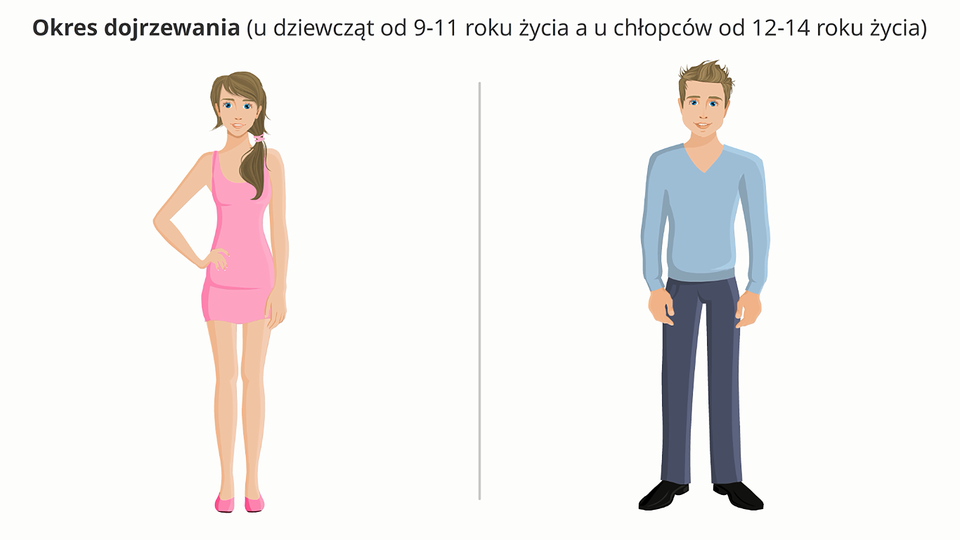 Okres dojrzewania u dziewcząt i chłopców. Ilustracja prezentuje sylwetkę chłopca i dziewczyny w wieku 12-14 lat. U dziewczyny wyraźnie zaznaczone kształty kobiece – szerokie biodra, wąskie barki, zaznaczone piersi. U chłopca widoczne szerokie barki i wąskie biodra oraz masywniejsza sylwetka.