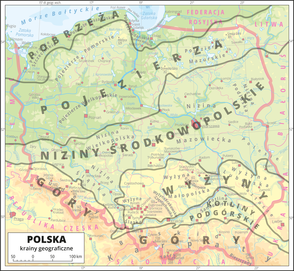 Ilustracja przedstawia mapę hipsometryczną Polski. Na mapę nałożone są linie oddzielające od siebie jednostki geograficzne: pobrzeża, pojezierza, niziny środkowopolskie, wyżyny, kotliny podgórskie, góry, które opisano na mapie. Po najechaniu na określony pas zostaje on podświetlony – reszta rozmyta. W obrębie lądów występują obszary w kolorze zielonym, żółtym, pomarańczowym i czerwonym. Na północy przeważają obszary w kolorze zielonym przechodzące ku południowi w kolor żółty i pomarańczowy aż do czerwonego. Morza zaznaczono kolorem niebieskim Na mapie opisano nazwy jednostek geograficznych, półwyspów, wysp, głównych nizin, wyżyn i pasm górskich, morza, zatok, zalewów, rzek i jezior. Na obszarze morza w wybranych miejscach opisano głębokości. Oznaczono czerwonymi kropkami i kwadracikami oraz opisano główne miasta, stolicę – Warszawę wyróżniono sygnaturą uwzględniającą kształt i wielkość powierzchni miasta. Oznaczono czarnymi kropkami i opisano wysokością oraz nazwą szczyty górskie. Różową wstążką oznaczono granice Polski, czerwoną linią oznaczono granice pozostałych państw. Kolorem czerwonym opisano państwa sąsiadujące z Polską.Mapa pokryta jest równoleżnikami i południkami. Dookoła mapy w białej ramce opisano współrzędne geograficzne co dwa stopnie.