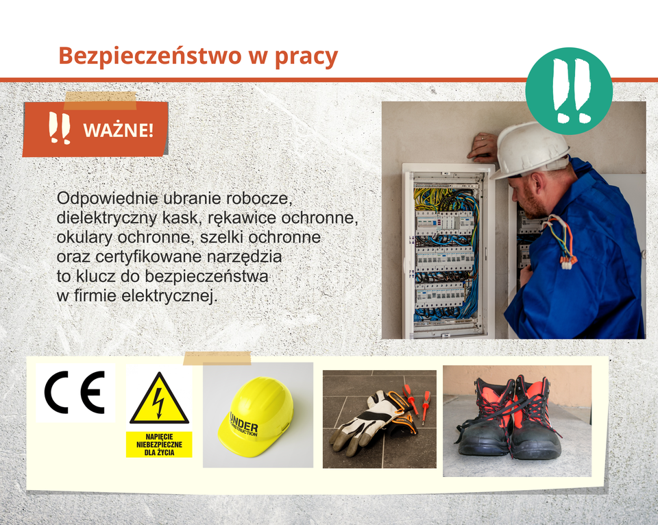 Odpowiednie ubranie ochronne, kask oraz certyfikowane narzędzia to klucz do bezpieczeństwa w firmie elektrycznej.