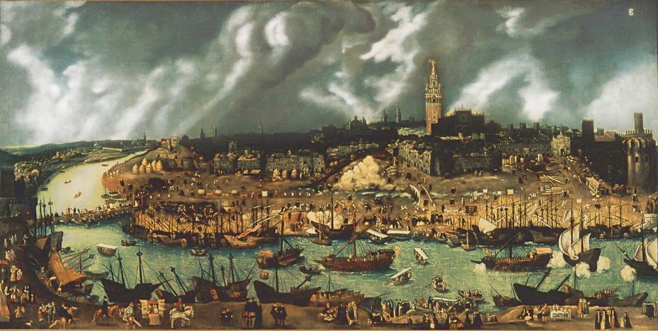 Wpłynięcie Floty Indii do portu w Sewilli w XVI w. Źródło: Alonso Sánchez Coello, Wpłynięcie Floty Indii do portu w Sewilli w XVI w., 1576-1600, olej na płótnie, domena publiczna.