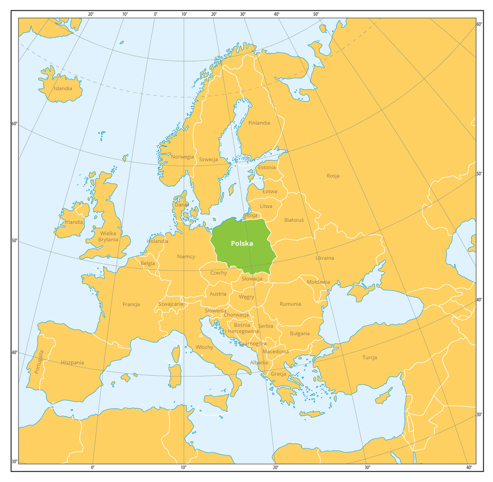 Mapa Europy, na której zaznaczono na zielono obszar Polski. Polska położona jest od północy nad Bałtykiem, od wschodu graniczy z: Rosją, Litwą, Białorusią, Ukrainą, od południa z: Słowacją i Czechami, od zachodu z: Niemcami.