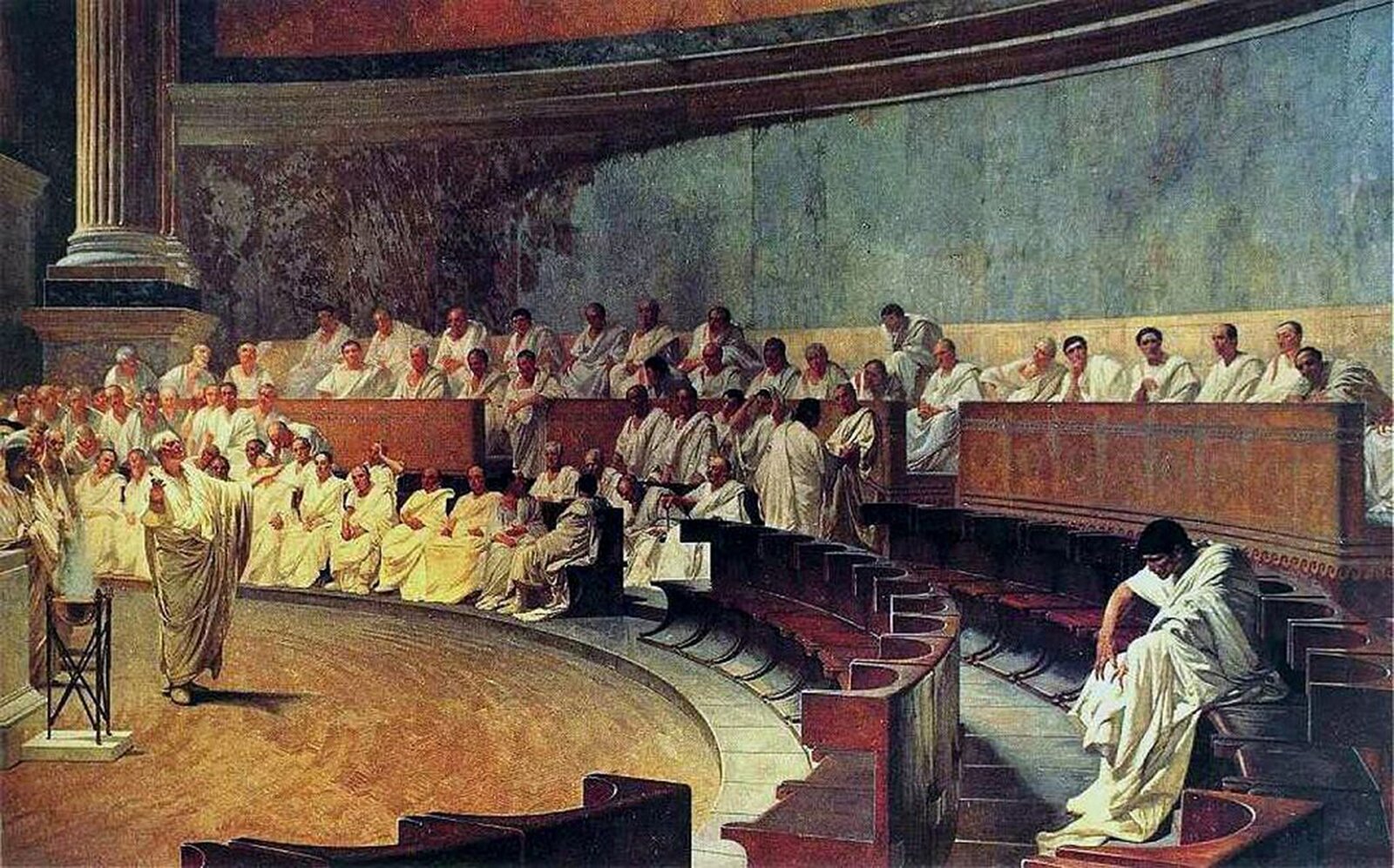 Cyceron oskarża Katylinę Źródło: Cesare Maccari, Cyceron oskarża Katylinę, domena publiczna.