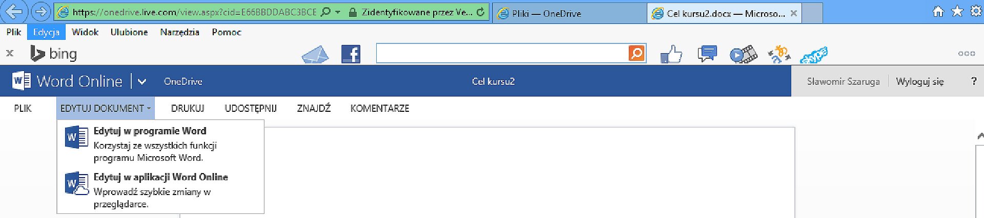 Zrzut górnego panelu okna dysku OneDrive z pokazaną rozwijalną listą: Edytuj dokument