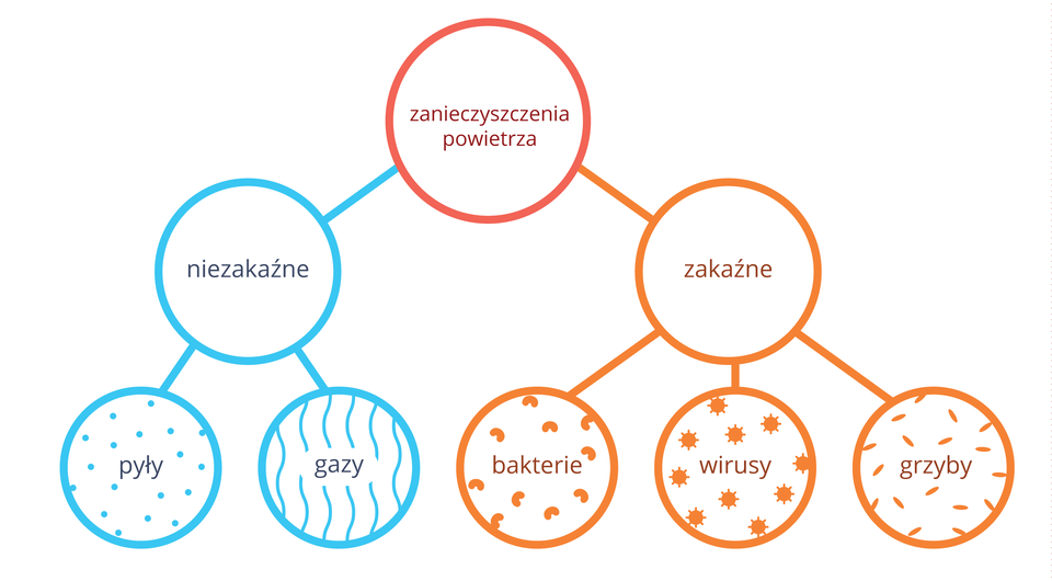 Schemat przedstawia klasyfikację zanieczyszczeń powietrza w formie kolorowych kół. Napis w czerwonym kole: zanieczyszczenia powietrza. Od niego w lewo błękitne koło z napisem: niezakaźne. Od niego dwa koła, z kropkami: gazy i z liniami: pyły. W prawo pomarańczowe koło z napisem: zakaźne. Od niego trzy koła, symbolizujące: z fasolkami bakterie, ze słoneczkami wirusy i z pałeczkami grzyby.