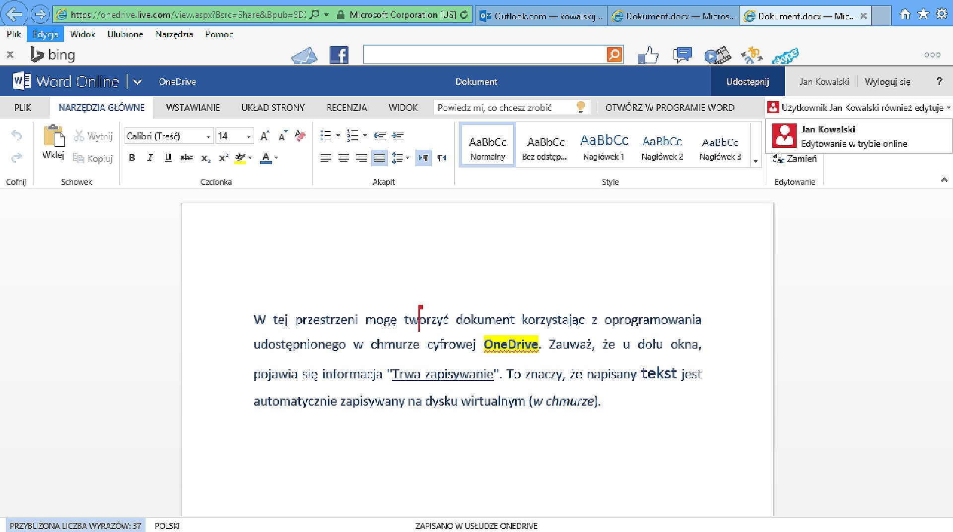 Zrzut fragmentu dokumentu edytowanego w usłudze OneDrive z widoczną modyfikacją