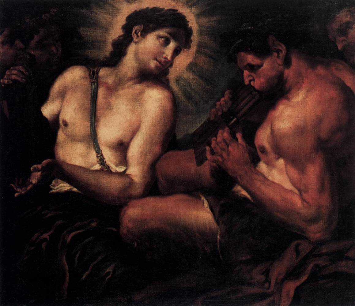 Apollo, Pan i Marsjasz Źródło: Johann Carl Loth, Apollo, Pan i Marsjasz, druga połowa XVII wieku, olej na płótnie, Gemäldegalerie, Berlin, domena publiczna.