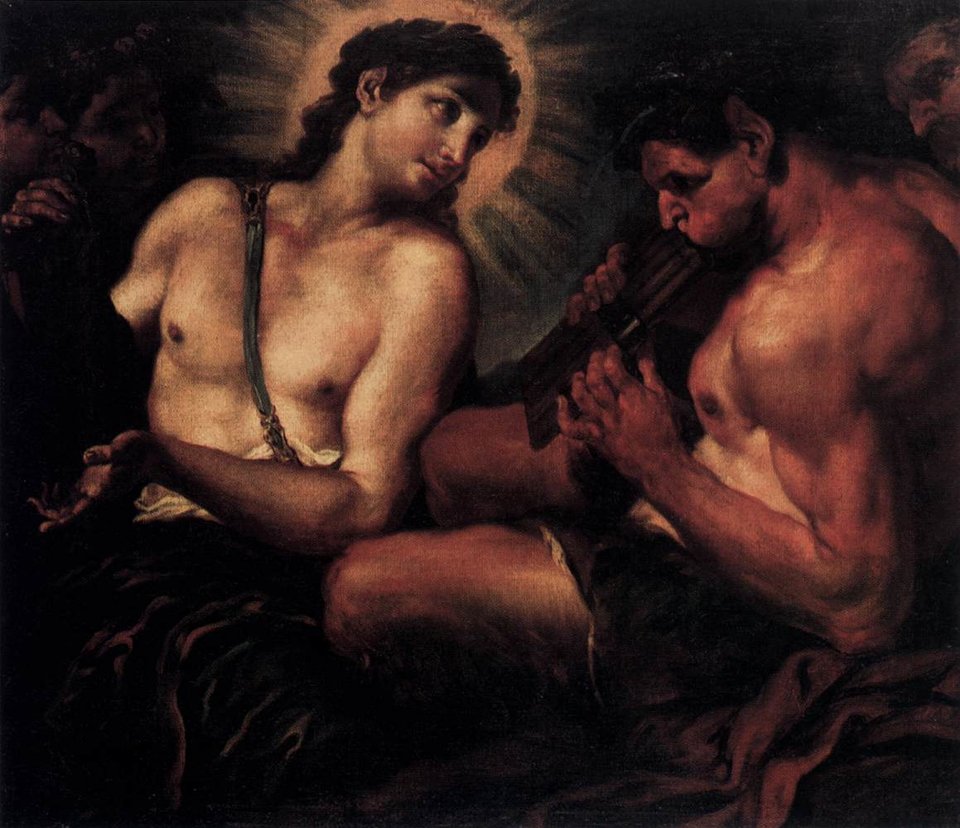 Apollo, Pan i Marsjasz Źródło: Johann Carl Loth, Apollo, Pan i Marsjasz, druga połowa XVII wieku, olej na płótnie, Gemäldegalerie, Berlin, domena publiczna.