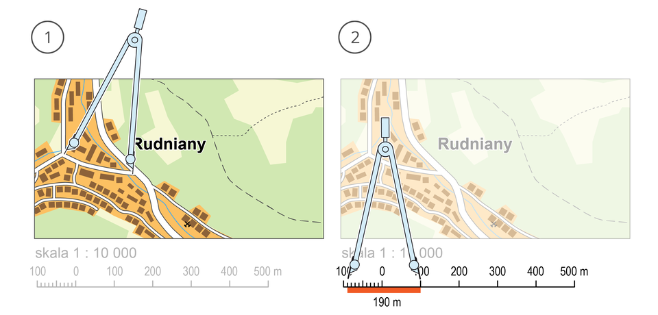 Dwie ilustracje przedstawiają sposób dokonywania pomiaru odległości na mapie za pomocą przyrządu zwanego kroczkiem.Na pierwszej ilustracji, od lewej strony, rozwarcie kroczka obejmuje odległość pomiędzy początkiem i końcem mierzonej ulicy na mapie. Na drugiej ilustracji rozwarcie kroczka jest przyłożone do podziałki liniowej, na której jednemu centymetrowi odpowiada sto metrów w rzeczywistej odległości. Dzięki temu można odczytać długość zmierzonej ulicy, która wynosi tutaj sto dziewięćdziesiąt metrów.