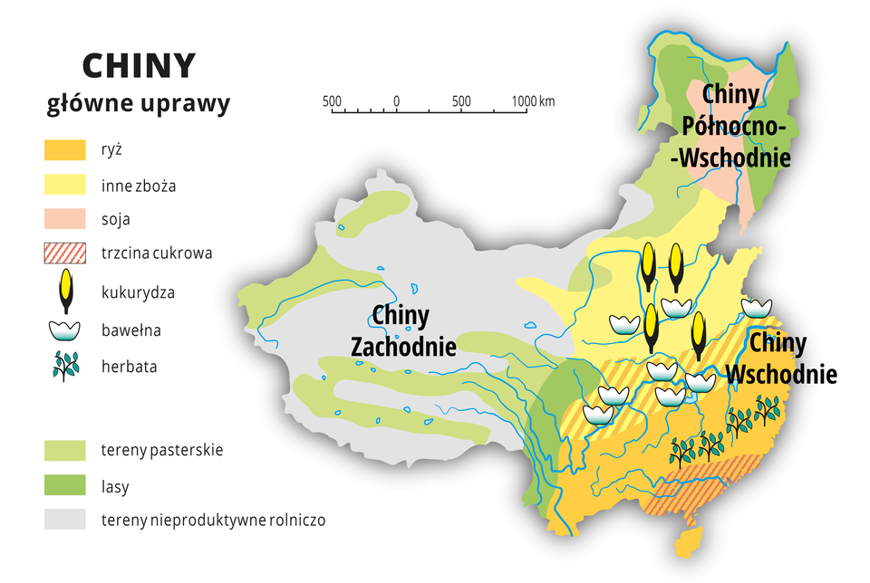 Ilustracja przedstawia mapę rolnictwa Chin. Na mapie kolorami i sygnaturami przedstawiono główne uprawy. Chiny Wschodnie – ryż, inne zboża, herbata, bawełna i kukurydza. Chiny Zachodnie – tereny pasterskie, przewaga terenów nieproduktywnych rolniczo. Chiny Północno-Wschodnie – lasy i tereny pasterskie, uprawa soi. W legendzie opisano kolory i znaki użyte na mapie.