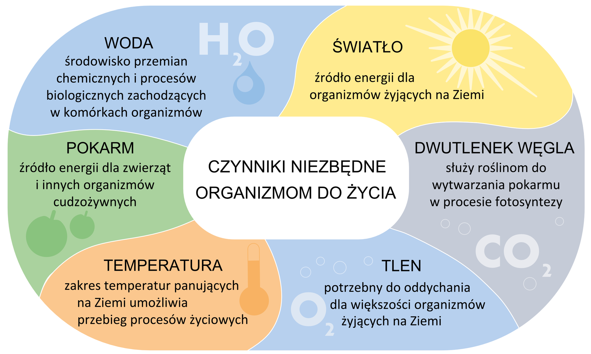 Ilustracja przedstawia schemat, podzielony na sześć części w różnych kolorach. W każdej z części jest opisany jeden czynnik, niezbędny organizmom do życia. W lewym górnym rogu na błękitnym tle widać napis WODA i symbol H2O. Woda jest środowiskiem przemian chemicznych i procesów biologicznych. Dalej w prawo na żółtym tle jest rysunek słońca i napis ŚWIATŁO. Jest ono źródłem energii dla organizmów żyjących na Ziemi. Niżej znajduje się jasno fioletowe pole z napisem DWUTLENEK WĘGLA i symbolem CO2. Ten gaz służy roślinom do wytwarzania pokarmu w procesie fotosyntezy. W prawym dolnym rogu schematu na niebieskim tle widać napis TLEN i symbol O2. Tlen jest potrzebny większości organizmów do oddychania. W lewym dolnym rogu na różowym tle znajduje się napis TEMPERATURA i rysunek termometru. Zakres temperatur na Ziemi umożliwia przebieg procesów życiowych. Wyżej, na zielonym tle znajduje się napis POKARM i dwa jabłka. Pokarm jest źródłem energii dla zwierząt i innych organizmów cudzożywnych. *