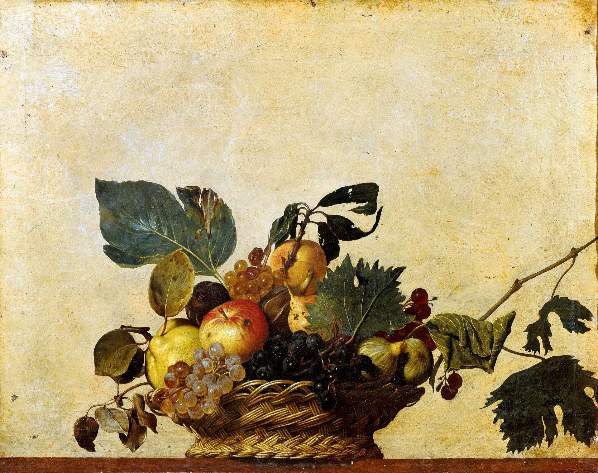 Ilustracja przedstawia obraz Caravaggio pt. „Kosz z owocami”. Dzieło powstało w 1597 roku. Na obrazie został przedstawiony fragment stołu z brązowym blatem. Na blacie ustawiony jest wiklinowy, brązowy kosz, w którym znajdują się owoce. Są to: jabłka, gruszki, cytryny, winogrona. Owoce przyozdobione są liśćmi. Autor obrazu w swoich dziełach wyrzekał się piękna ludzkiego ciała.