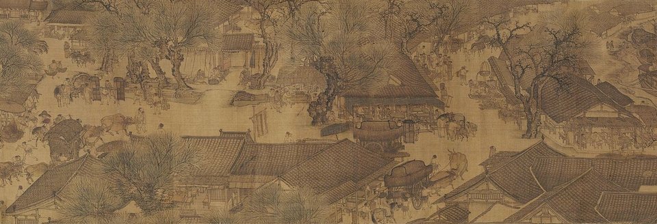 Widok wzdłuż rzeki podczas święta Qingming Widok wzdłuż rzeki podczas święta Qingming - fragment 1. Źródło: Zeduan Zhang, Widok wzdłuż rzeki podczas święta Qingming, XII w., Zakazane Miasto - muzeum w dawnym pałac cesarskim w Pekinie, domena publiczna.
