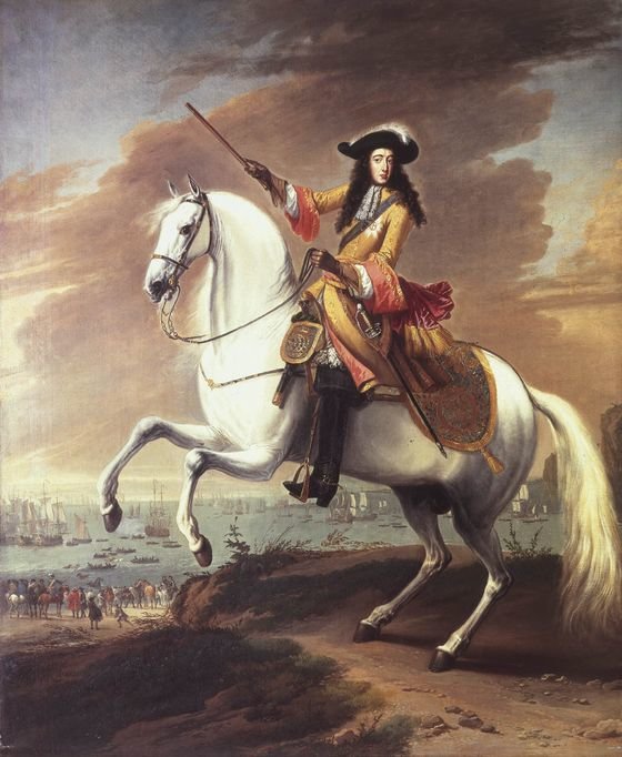 Portret konny Wilhelma III Portret konny Wilhelma III – w tle obrazu widać scenę lądowania na wybrzeży angielskim w 1688 r. W historiografii brytyjskiej niekiedy pisze się, że była to pierwsza udana inwazja z kontynentu od 1066 r., kiedy wyspę zdobył Wilhelm Zdobywca. Obraz Jana Wycka z kolekcji królewskiej w Greenwich. Źródło: Jan Wyck, Portret konny Wilhelma III, 1688, domena publiczna.