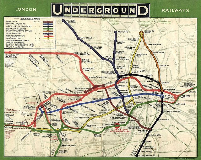 Mapa londyńskiego metra z 1908 roku. Mapa londyńskiego metra z 1908 roku. Źródło: domena publiczna.