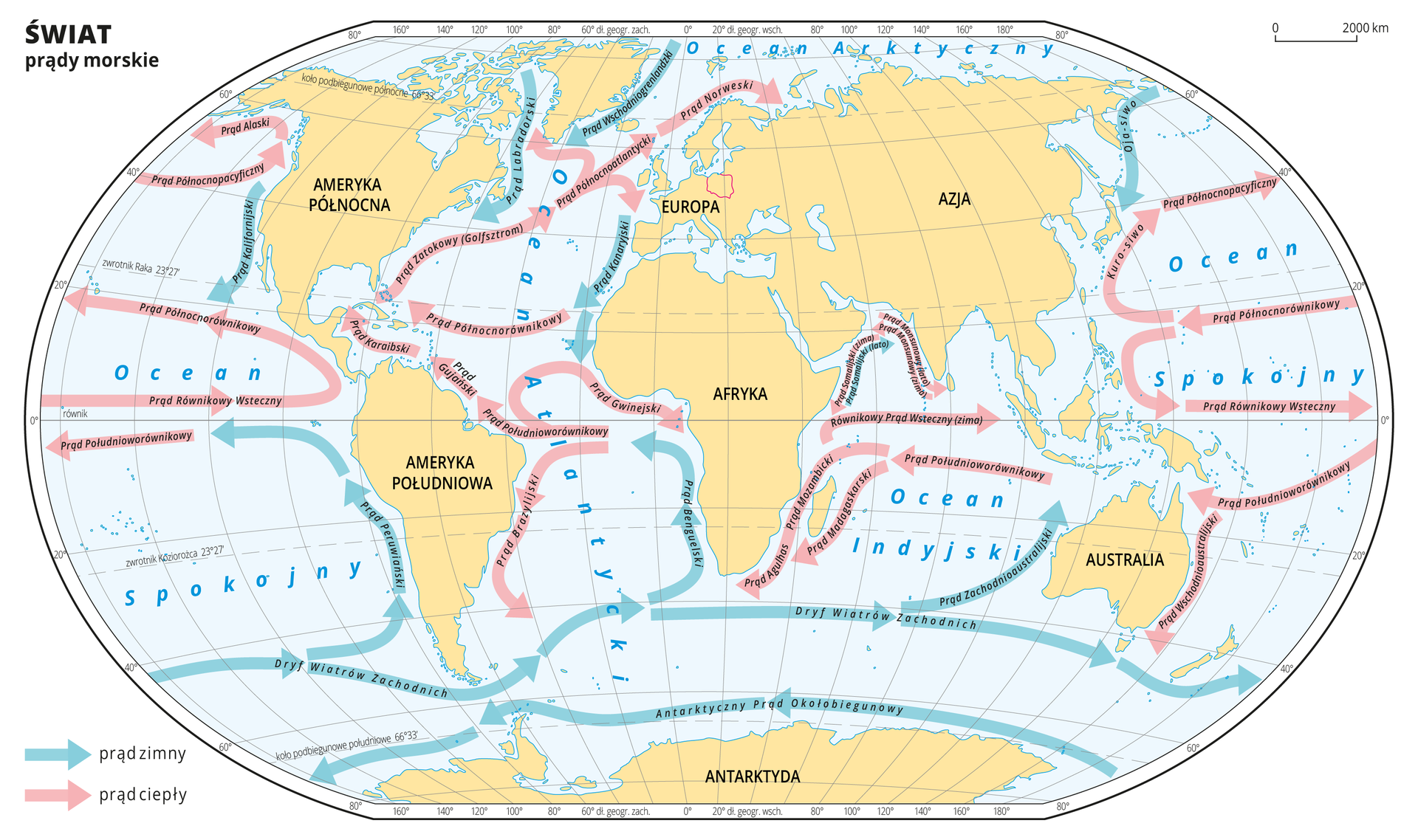 Ilustracja przedstawia mapę świata. Opisano kontynenty i oceany. Wody zaznaczono kolorem niebieskim. Na mapie w obrębie mórz i oceanów zaznaczono niebieskimi strzałkami zimne prądy morskie, a czerwonymi strzałkami ciepłe prądy morskie. Na strzałkach zapisano nazwy prądów. Większość czerwonych strzałek przebiega równoleżnikowo w okolicach równika i wzdłuż zwrotnika Raka, zmieniając kierunek u wybrzeży kontynentów. Większość strzałek niebieskich przebiega na obszarze półkuli południowej, skierowane są z zachodu na wschód i zmieniają kierunek w kierunku północnym u wybrzeży kontynentów. Wzdłuż wybrzeży Ameryki Północnej, Grenlandii, Europy Zachodniej i Azji Wschodniej z kierunku północnego płyną zimne prądy morskie w kierunku południowym. Mapa pokryta jest równoleżnikami i południkami. Dookoła mapy w białej ramce opisano współrzędne geograficzne co dwadzieścia stopni. W legendzie umieszczono opisane strzałki – niebieską dla prądów zimnych i czerwoną dla prądów ciepłych.