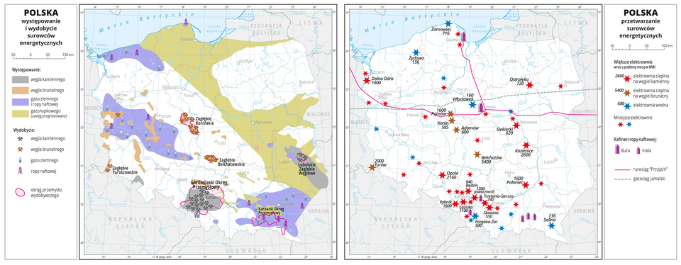 Ilustracja przedstawia mapę Polski. Na mapie przedstawiono występowanie i wydobycie surowców energetycznych (węgla kamiennego, węgla brunatnego, gazu ziemnego i ropy naftowej) oraz prognozowane występowanie gazu łupkowego (od północnych obszarów kraju –basen bałtycki, przez regiony centralne – basen podlaski, po wschodnie – basen lubelski). Złoża surowców przedstawiono kolorami, a za pomocą sygnatur przedstawiono miejsca wydobycia poszczególnych surowców. Występowanie i wydobycie większości surowców skupione jest w południowej oraz zachodniej części Polski. Opisano nazwy okręgów przemysłowych: Górnośląski Okręg Przemysłowy (węgiel kamienny), Zagłębie Bełchatowskie(węgiel brunatny), Zagłębie Konińskie (węgiel brunatny), Zagłębie Turoszowskie (węgiel brunatny), Lubelskie Zagłębie Węglowe (węgiel kamienny), Karpacki Okręg Przemysłowy (gaz ziemny i ropa naftowa). Granice województw zaznaczone są szarą linią. Białymi kropkami zaznaczono miasta wojewódzkie. Mapa pokryta jest równoleżnikami i południkami. Dookoła mapy w białej ramce opisano współrzędne geograficzne co jeden stopień. W legendzie opisano znaki użyte na mapie.