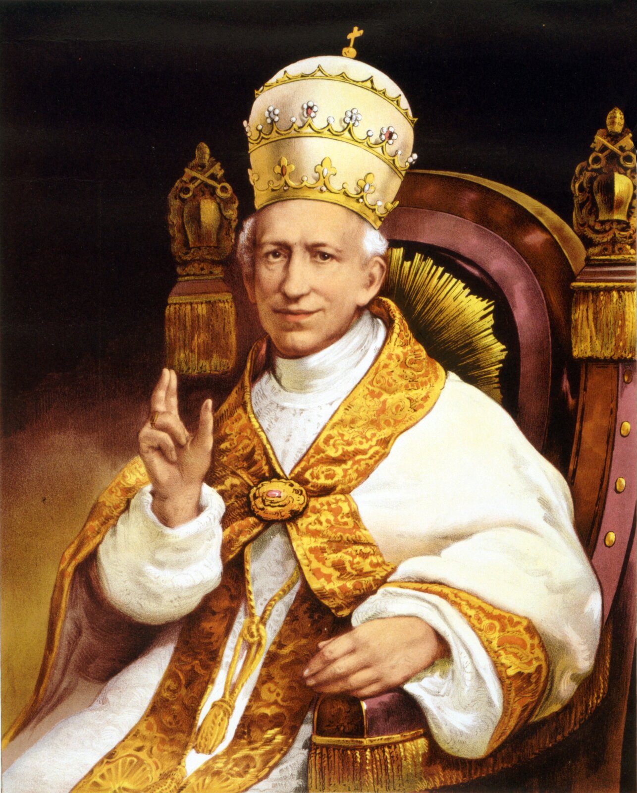 na obrazie widać mężczyznę siedzącego na tronie, jest ubrany w uroczystą szatę papieską a na jego głowie jest zdobna korona zwieńczona krzyżem