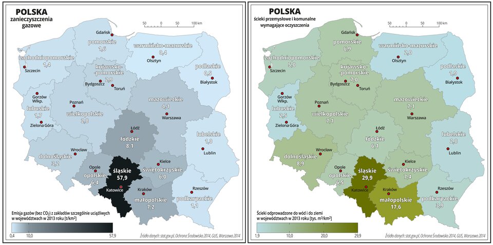 Ilustracja pierwsza przedstawia mapę Polski z podziałem na województwa. Powierzchnie województw mają kolor błękitny do ciemnoszarego. Nasyceniem kolorów oznaczono emisję gazów w tonach na kilometr kwadratowy (bez dwutlenku węgla) z zakładów szczególnie uciążliwych w poszczególnych województwach w dwa tysiące trzynastym roku. W każdym województwie opisano wartość zanieczyszczenia. Najciemniejszy kolor jest w województwie śląskim – jego nasycenie odpowiada najwyższemu zanieczyszczeniu – pięćdziesiąt siedem i dziewięć dziesiątych tony zanieczyszczeń gazowych na jeden kilometr kwadratowy. W województwach sąsiednich wartości te wahają się od sześciu do ośmiu ton na jeden kilometr kwadratowy. Pozostałe województwa oznaczono kolorem błękitnym – emisja gazów waha się od zero cztery dziesiąte tony na jeden kilometr kwadratowy w województwie warmińsko-mazurskim do czterech ton na jeden kilometr kwadratowy w województwie mazowieckim.Czerwonymi kropkami zaznaczono miasta wojewódzkie. Po lewej stronie mapy na dole w legendzie umieszczono poziomy pasek w kolorach od błękitnego do ciemnoszarego i oznaczono na nim wielkość zanieczyszczenia.Kolory błękitne oznaczają niewielką emisję gazów a ciemnoszary wysoką. Ilustracja druga przedstawia mapę Polski z podziałem na województwa. Powierzchnie województw mają kolor błękitny do zielonego. Nasyceniem kolorów oznaczono ilość ścieków przemysłowych i komunalnych odprowadzanych do wód i do ziemi w tysiącach metrów sześciennych na kilometr kwadratowy w poszczególnych województwach w dwa tysiące trzynastym roku.W każdym województwie opisano wartość. Najciemniejszy kolor zielony jest w województwie śląskim – jego nasycenie odpowiada najwyższemu odprowadzeniu ścieków – dwadzieścia dziewięć i dziewięć dziesiątych tysiąca metrów sześciennych ścieków na jeden kilometr kwadratowy. W województwie małopolskim wartość ta wynosi siedemnaście i sześć dziesiątych tysiąca metrów sześciennych na jeden kilometr kwadratowy. Pozostałe województwa oznaczono kolorem jaśniejszym – ilości odprowadzanych ścieków wahają się od około dwóch tysięcy metrów sześciennych na jeden kilometr kwadratowy w województwie podlaskim i warmińsko-mazurskim do prawie dziewięciu tysięcy metrów sześciennych ścieków na jeden kilometr kwadratowy w województwie dolnośląskim.Czerwonymi kropkami zaznaczono miasta wojewódzkie. Po lewej stronie mapy na dole w legendzie umieszczono poziomy pasek w kolorach od błękitnego do ciemnozielonego i oznaczono na nim wielkość odprowadzanych ścieków. Kolory błękitne oznaczają niewielkie odprowadzanie ścieków, a kolory ciemnozielone – duże.