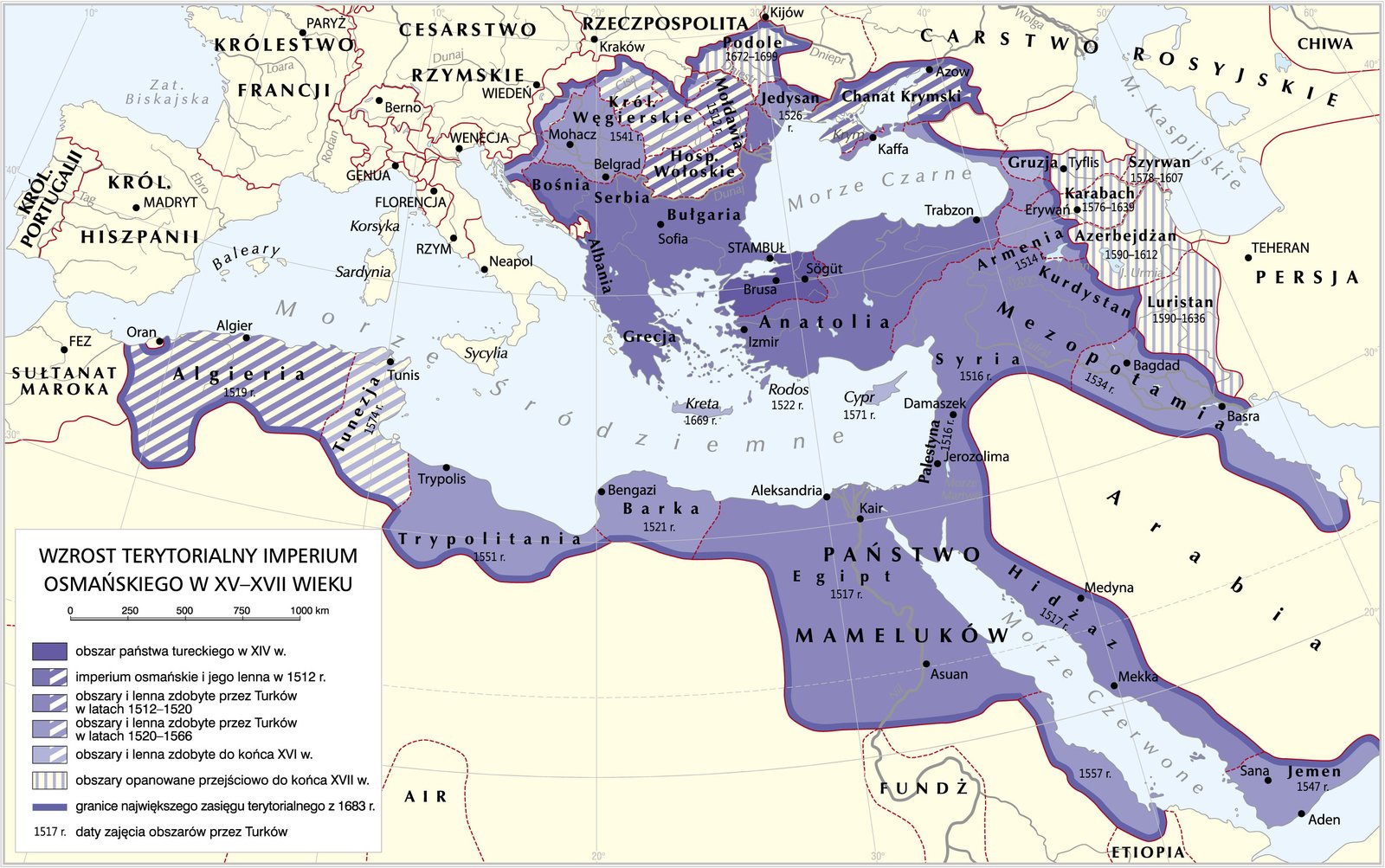 Mapa przedstawia przyrost terytorialny Imperium Osmańskiego w XV i XVI w.