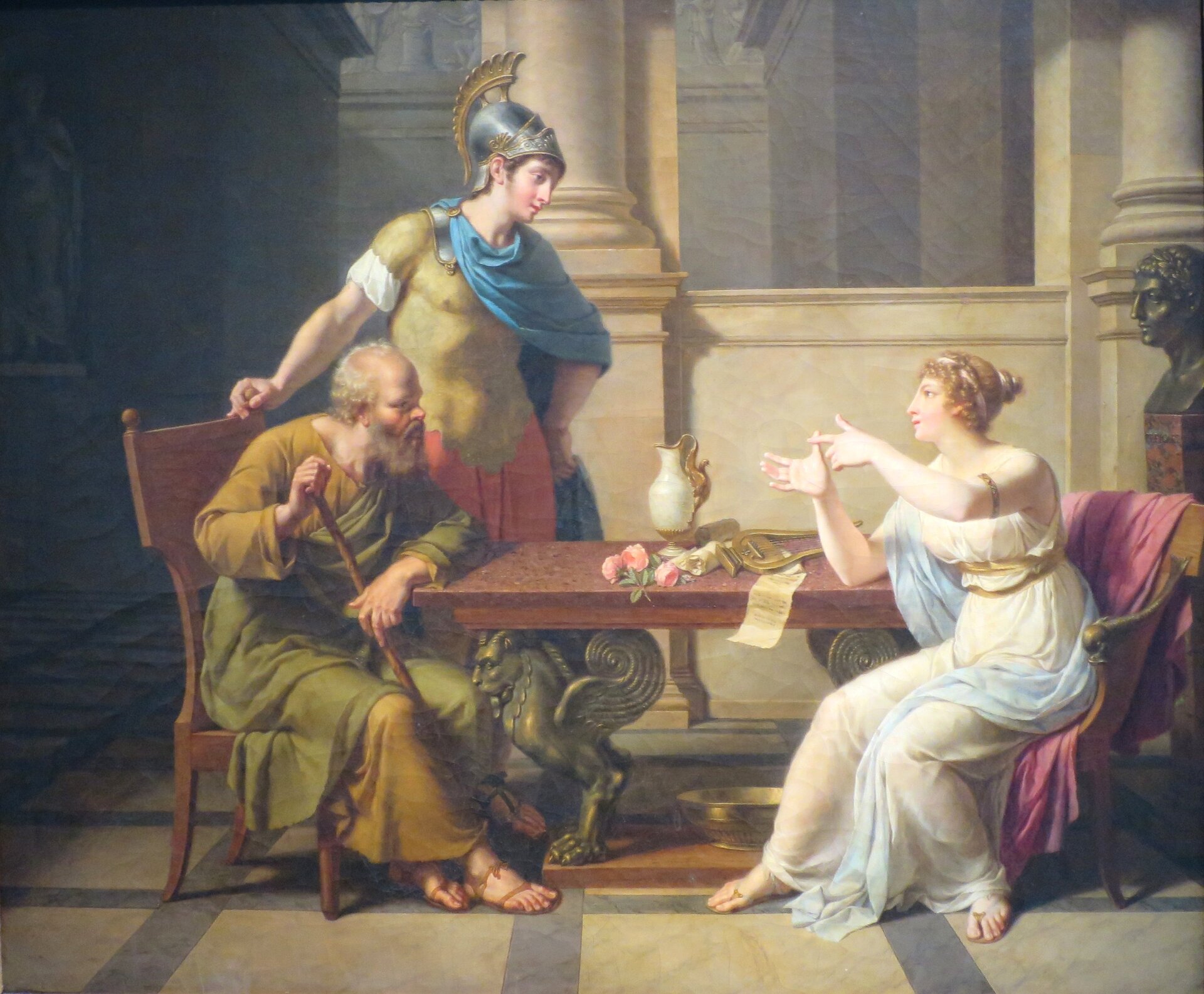 Debata Sokratesa i Aspazji Źródło: Nicolas-André Monsiau, Debata Sokratesa i Aspazji, ok. 1800, Musée Pouchkkine, domena publiczna.