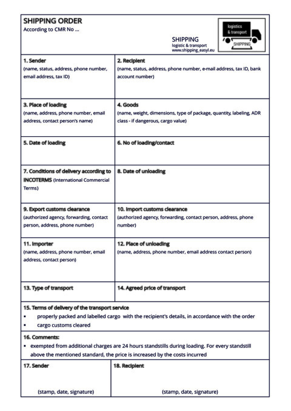 The document presents a shipping order template. Dokument przedstawia wzór zlecenia spedycyjnego.