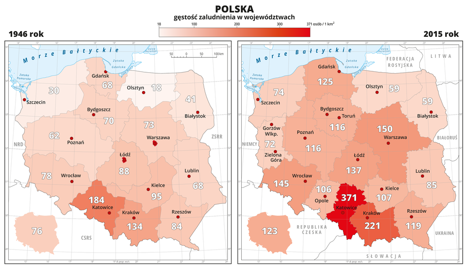 Ilustracja przedstawia dwie mapy Polski z podziałem na województwa i obrazuje gęstość zaludnienia w tysiąc dziewięćset czterdziestym szóstym roku i dwa tysiące piętnastym roku. Granice województw zaznaczone są białą linią. Czerwonymi kropkami zaznaczono miasta wojewódzkie. Odcieniami koloru pomarańczowego oznaczono liczbę mieszkańców na jeden kilometr kwadratowy według województw. Największa gęstość zaludnienia na obu mapach jest w województwie śląskim (184 i 371) i małopolskim (dawniej krakowskim) (134 i 221). Najniższa gęstość zaludnienia jest w obu przypadkach w województwie warmińsko-mazurskim (dawniej olsztyńskim) (18 i 59). Na pierwszej mapie wartości dla poszczególnych województw są średnio dwa razy mniejsze niż na drugiej i wynoszą od osiemnastu do stu osiemdziesięciu czterech osób na kilometr kwadratowy. Na drugiej mapie wynoszą odpowiednio od pięćdziesięciu dziewięciu do trzystu siedemdziesięciu jeden. Podano średnią wartość gęstości zaludnienia dla Polski w obu latach – 76 i 123. Mapy pokryte są równoleżnikami i południkami. Dookoła map w białych ramkach opisano współrzędne geograficzne co jeden stopień.