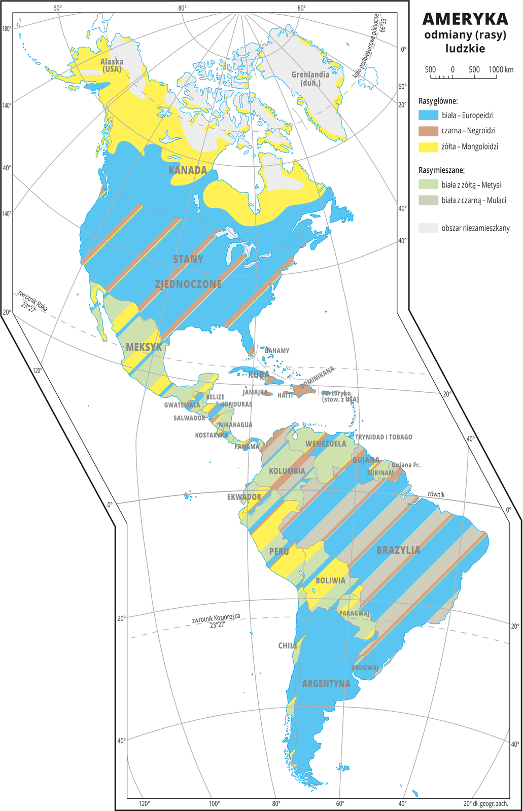 Ilustracja przedstawia mapę odmian ludzkich w Ameryce. Odmiany główne: biała – Europeidzi, żółta – Mongoloidzi, czarna – Negroidzi. odmiany mieszane: biała z żółtą – Metysi, biała z czarną – Mulaci. Najwięcej obszarów pokrywa kolor niebieski oznaczający odmianę białą, na północy Ameryki Północnej przeważa odmiana żółta a w Ameryce Środkowej – Metysi. Większość obszarów pokrywają kolorowe pasy oznaczające, że występuje tam ludność różnych odmian. Dookoła mapy w białej ramce opisano współrzędne geograficzne co dwadzieścia stopni. W legendzie umieszczono i opisano kolory użyte na mapie.