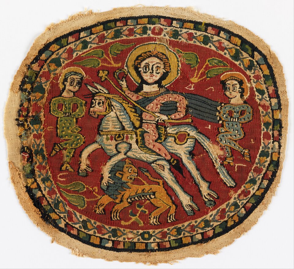 Przedstawienie zwycięskiego cesarza bizantyńskiego na tkaninie w VII wieku Źródło: Google Cultural Institute, Przedstawienie zwycięskiego cesarza bizantyńskiego na tkaninie w VII wieku , Google Cultural Institute, licencja: CC 0.