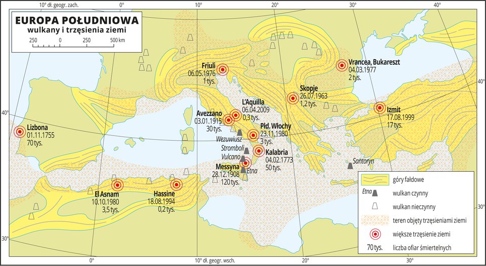 Ilustracja przedstawia mapę Europy Południowej. Na mapie w centralnej części Morze Śródziemne, na wybrzeżach zaznaczone tereny górzyste, na nich wulkany (czynne i nieczynne – w przewadze) oraz większe trzęsienia ziemi (podano liczbę ofiar śmiertelnych). Zakreskowano tereny objęte trzęsieniami ziemi – większość wybrzeży Morza Śródziemnego i duża część akwenu. Dookoła mapy w białej ramce opisano współrzędne geograficzne co dziesięć stopni. W legendzie umieszczono i opisano kolory użyte na mapie.