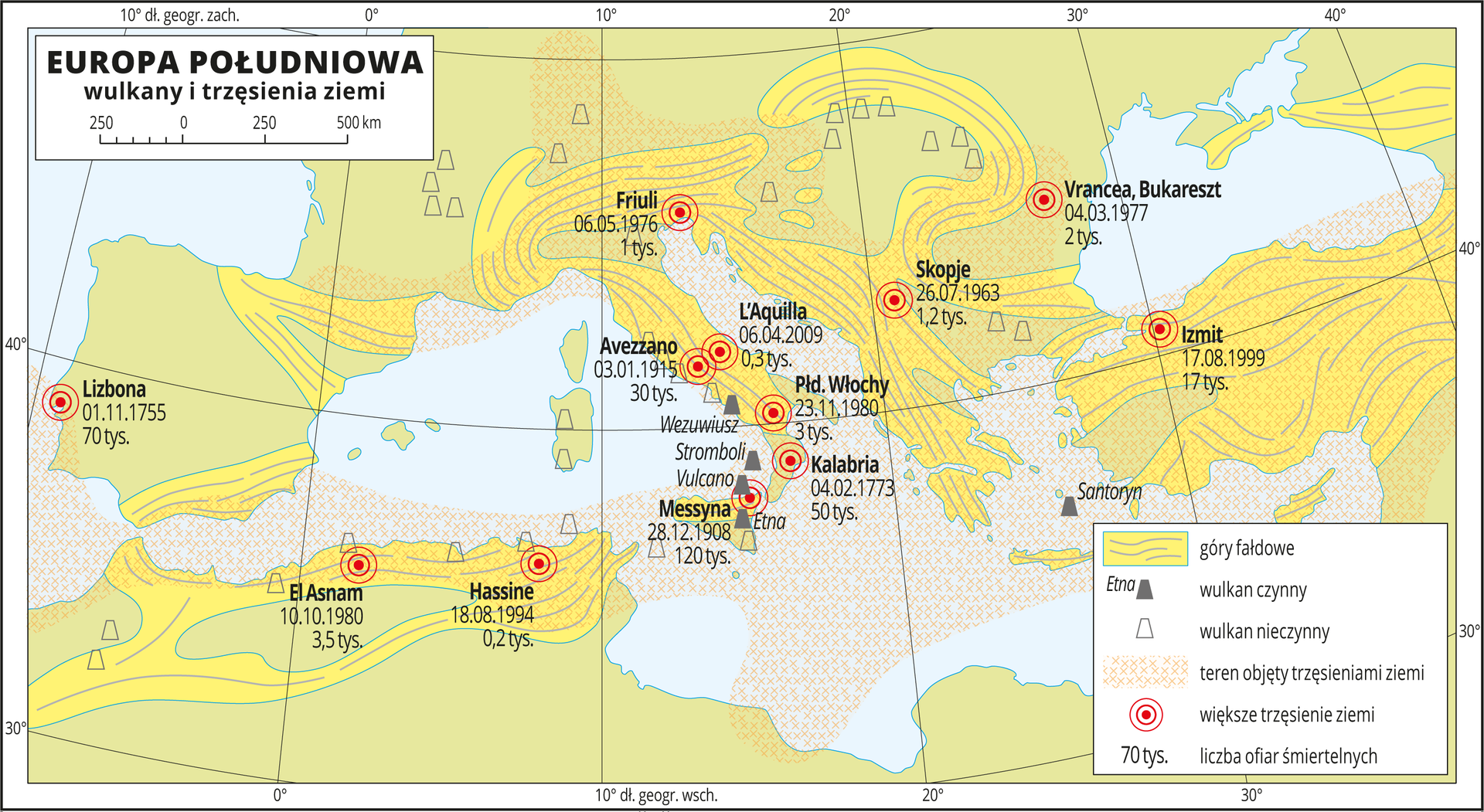 Ilustracja przedstawia mapę Europy Południowej. Na mapie w centralnej części Morze Śródziemne, na wybrzeżach zaznaczone tereny górzyste, na nich wulkany (czynne i nieczynne – w przewadze) oraz większe trzęsienia ziemi (podano liczbę ofiar śmiertelnych). Zakreskowano tereny objęte trzęsieniami ziemi – większość wybrzeży Morza Śródziemnego i duża część akwenu. Dookoła mapy w białej ramce opisano współrzędne geograficzne co dziesięć stopni. W legendzie umieszczono i opisano kolory użyte na mapie.