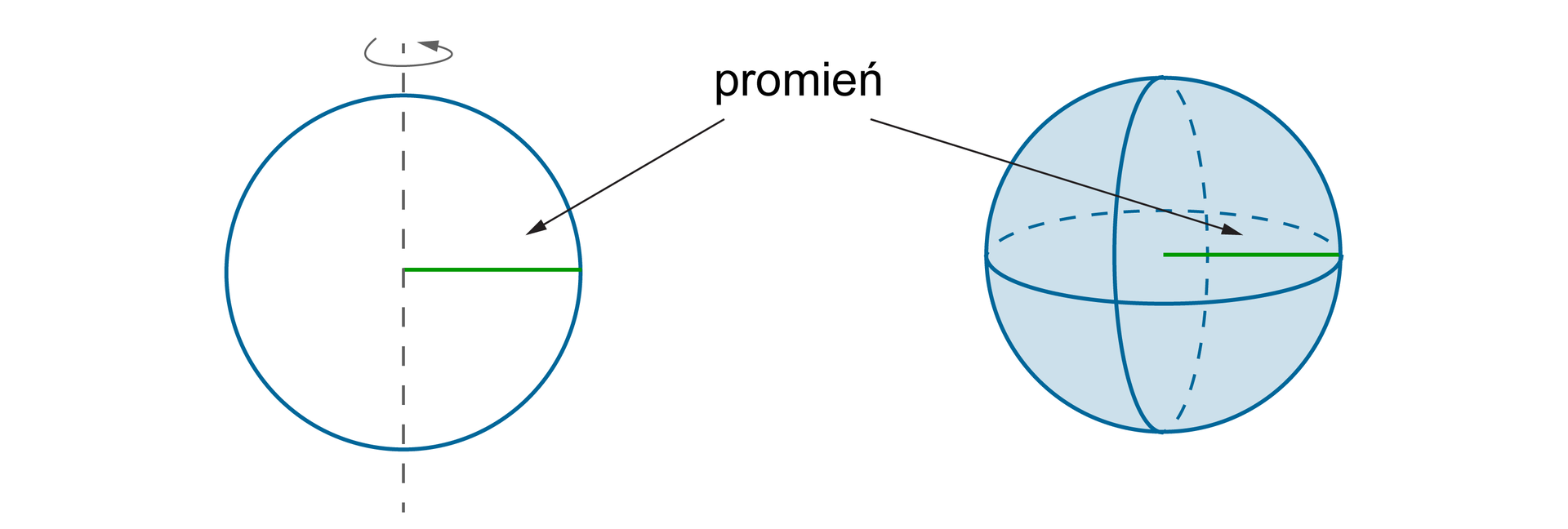 Rysunek koła z zaznaczoną osią obrotu i kuli z zaznaczoną sferą. Obie figury mają ten sam promień.