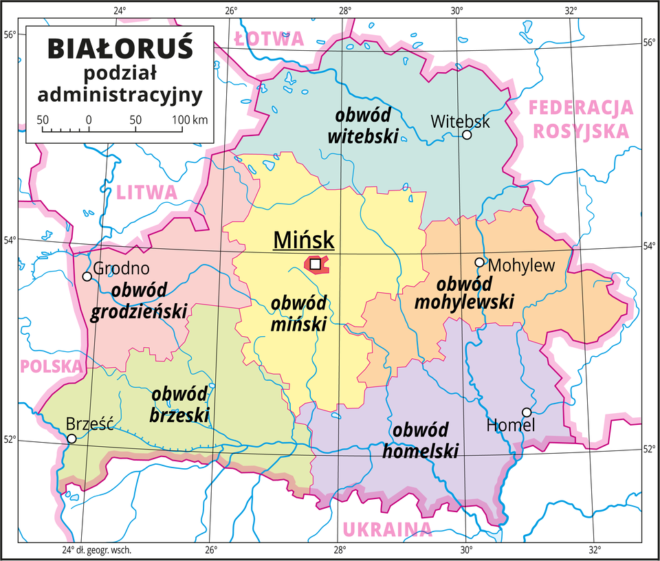 Ilustracja przedstawia mapę polityczną Białorusi z podziałem na obwody. Kolorami oznaczono obwód mohylewski, obwód homelski, obwód brzeski, obwód grodzieński, obwód miński, obwód witebski. Białymi kropkami oznaczono główne miasta i opisano je. Mapa pokryta jest równoleżnikami i południkami. Dookoła mapy w białej ramce opisano współrzędne geograficzne co dwa stopnie.