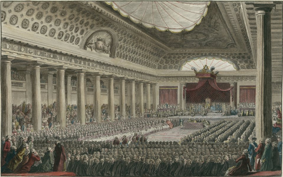 Otworzenie posiedzenia stanów generalnych Francji w dniu 5 maja 1789 r. w pałacu wersalskim. Zwołanie stanów generalnych zapoczątkowało rewolucję francuską. Było to pierwsze zwołanie przedstawicielstwa stanowego we Francji od r. 1613. Otworzenie posiedzenia stanów generalnych Francji w dniu 5 maja 1789 r. w pałacu wersalskim. Zwołanie stanów generalnych zapoczątkowało rewolucję francuską. Było to pierwsze zwołanie przedstawicielstwa stanowego we Francji od r. 1613. Źródło: Isidore Stanislaus Helman, rycina współczesna, Bibliothèque nationale de France, domena publiczna.