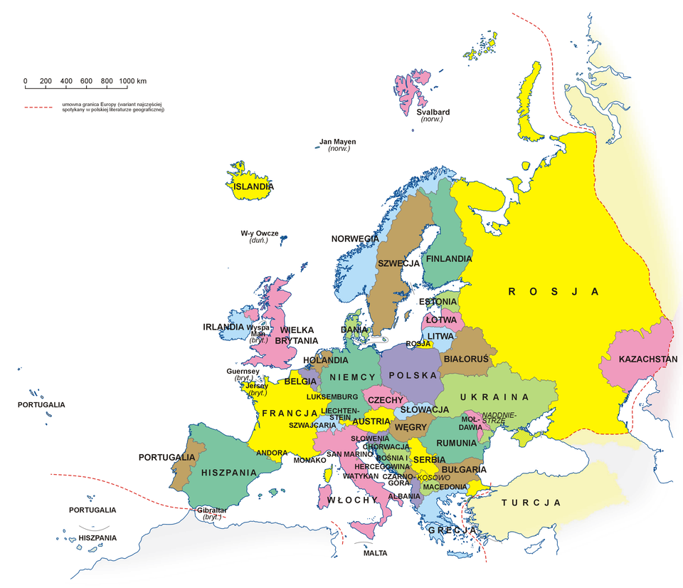 Mapa polityczna Europy Mapa polityczna Europy Źródło: Aotearoa, mapa, licencja: CC BY-SA 3.0.