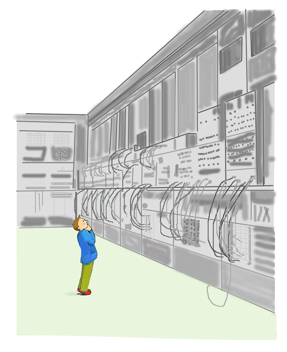 Ilustracja przedstawiająca dziecko stojące przed komputerem Eniac