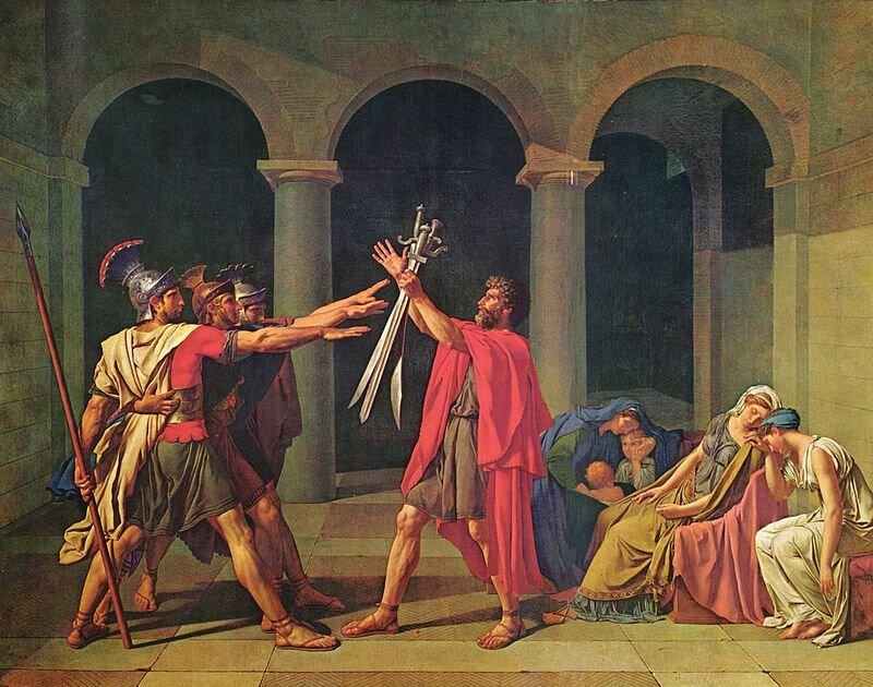 Przysięga Horacjuszy Źródło: Jacques-Louis David, Przysięga Horacjuszy, 1784, olej na płótnie, Luwr, domena publiczna.