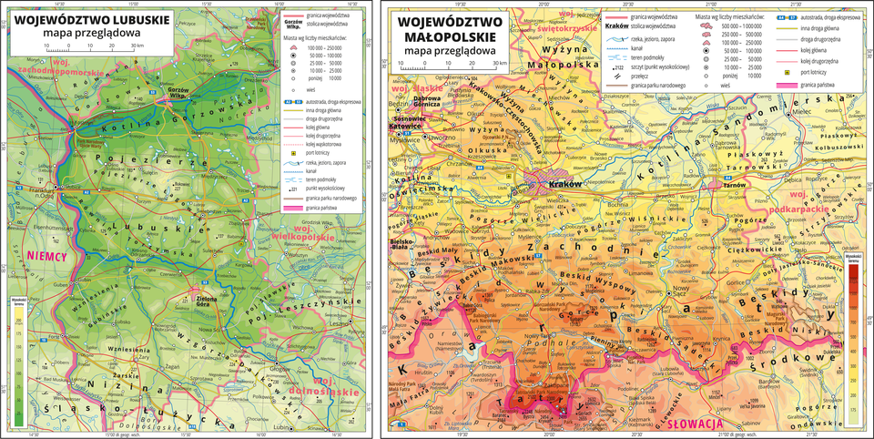 Ilustracja przedstawia dwie mapy poziomicowe. Od lewej mapa terenu równinnego, na którym widoczny jest kolor: ciemnozielony, zielony i jasnozielony. Po prawej stronie widoczna mapa terenu wyżynnego i górzystego, na którym widoczny jest kolor: żółty, pomarańczowy, brązowy, ciemnobrązowy i czerwony.