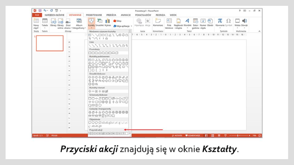 Zrzut okna programu MS PowerPoint z listą: Kształty